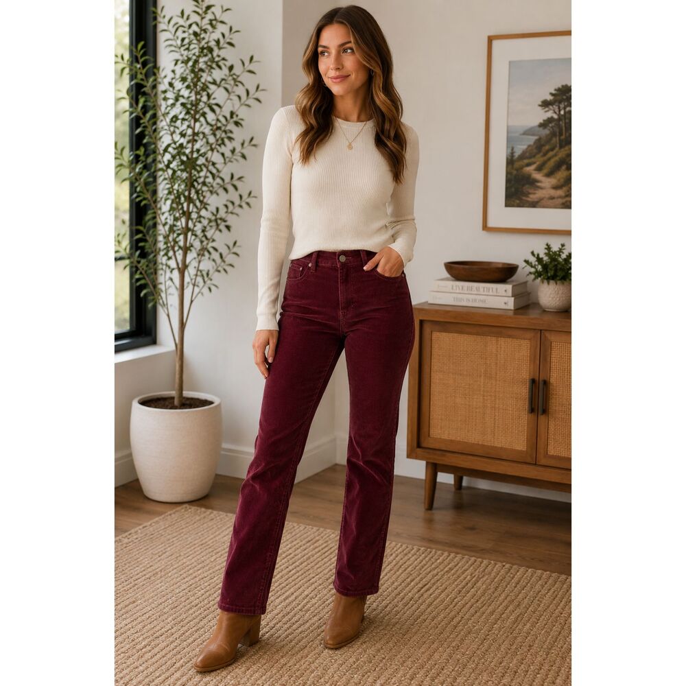 JAG Burgundy Corduroy High Rise Straight Leg Pants Women's Size 4 Petite Stretch